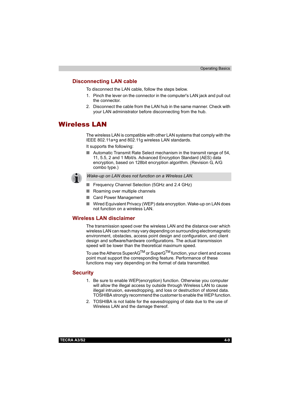 Disconnecting lan cable, Wireless lan, Wireless lan disclaimer | Security, Disconnecting lan cable -9, Wireless lan -9, Wireless lan disclaimer -9 security -9 | Toshiba Tecra S2 User Manual | Page 88 / 182