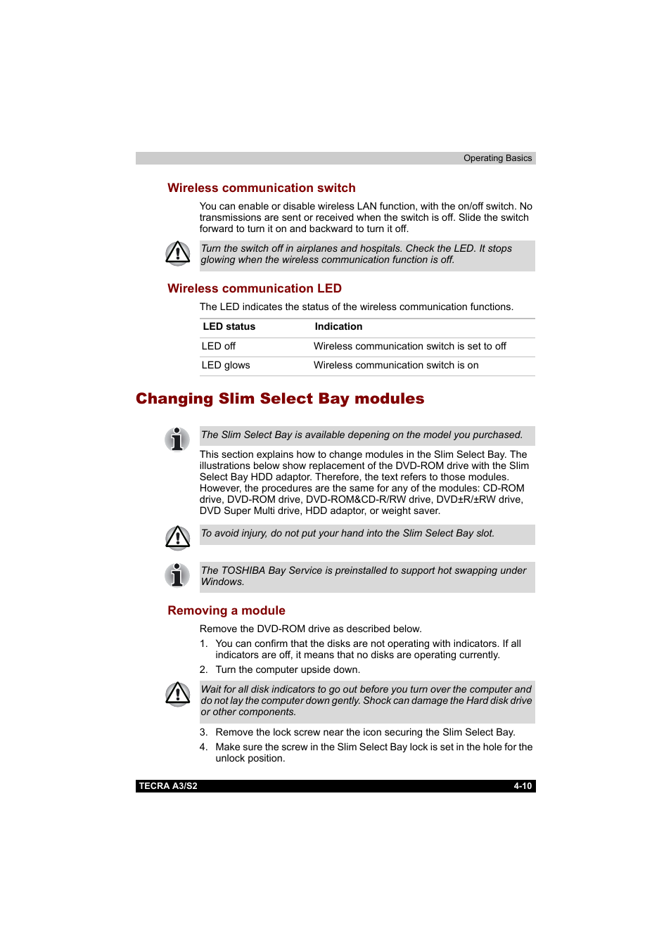 Wireless communication switch, Wireless communication led, Changing slim select bay modules | Removing a module, Changing slim select bay modules -10, Removing a module -10 | Toshiba Tecra S2 User Manual | Page 89 / 182