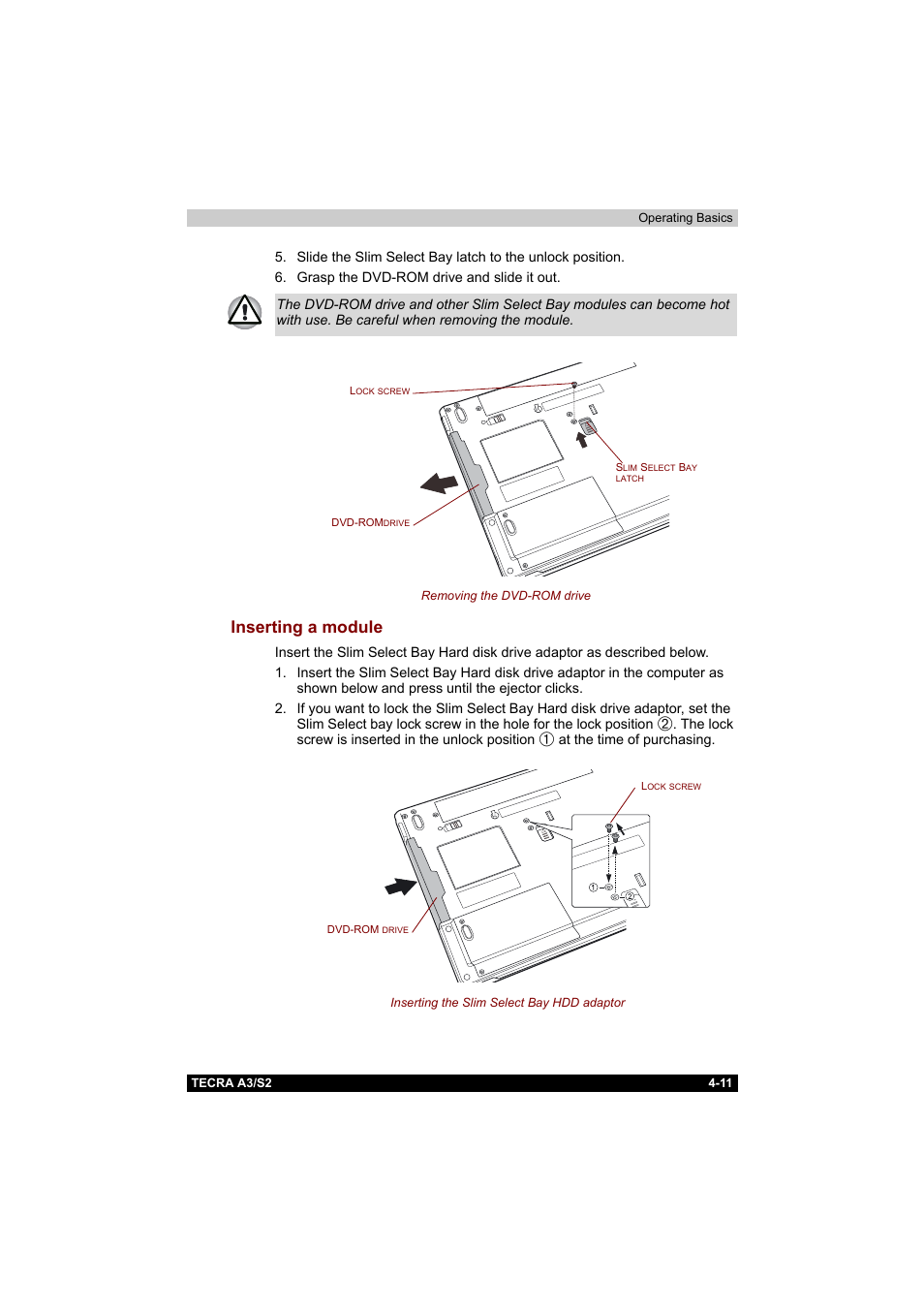 Inserting a module, Inserting a module -11 | Toshiba Tecra S2 User Manual | Page 90 / 182