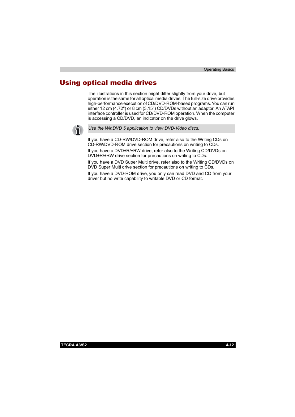Using optical media drives, Using optical media drives -12 | Toshiba Tecra S2 User Manual | Page 91 / 182