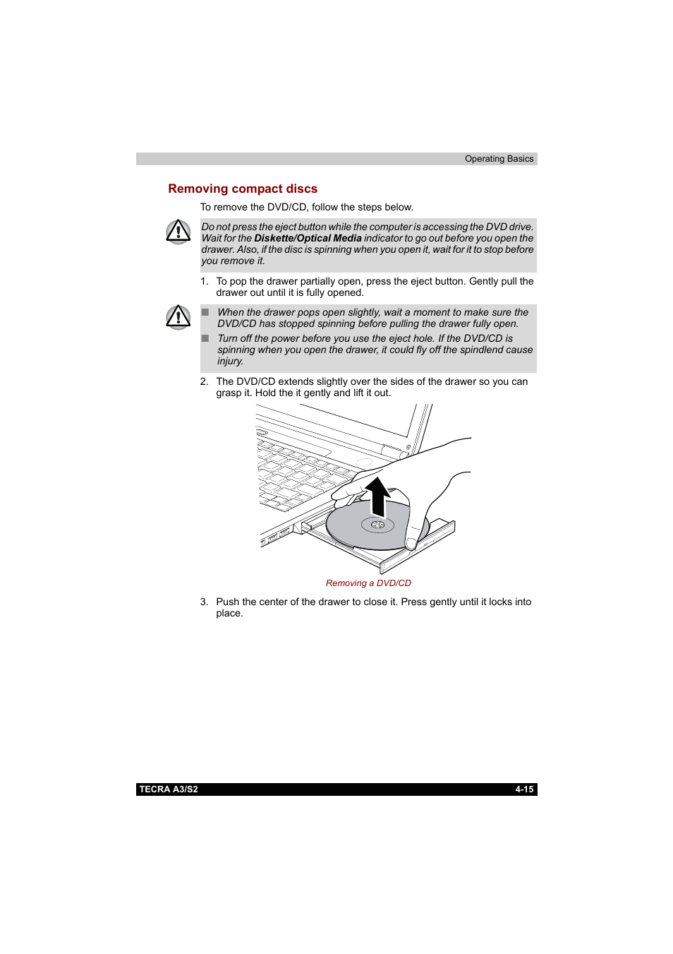 Removing compact discs, Removing compact discs -15 | Toshiba Tecra S2 User Manual | Page 94 / 182