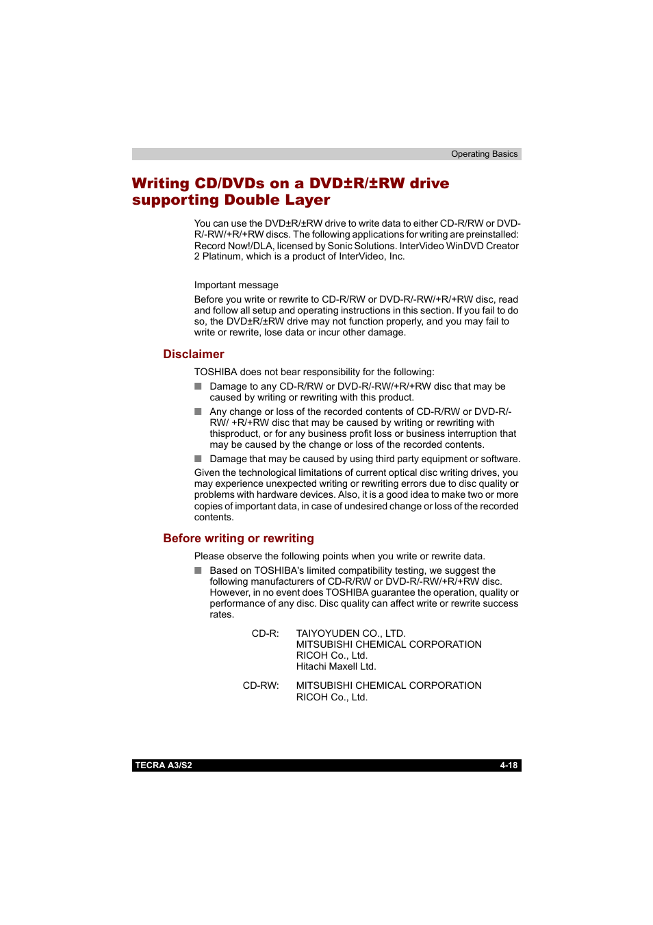 Disclaimer, Before writing or rewriting, Disclaimer -18 before writing or rewriting -18 | Toshiba Tecra S2 User Manual | Page 97 / 182