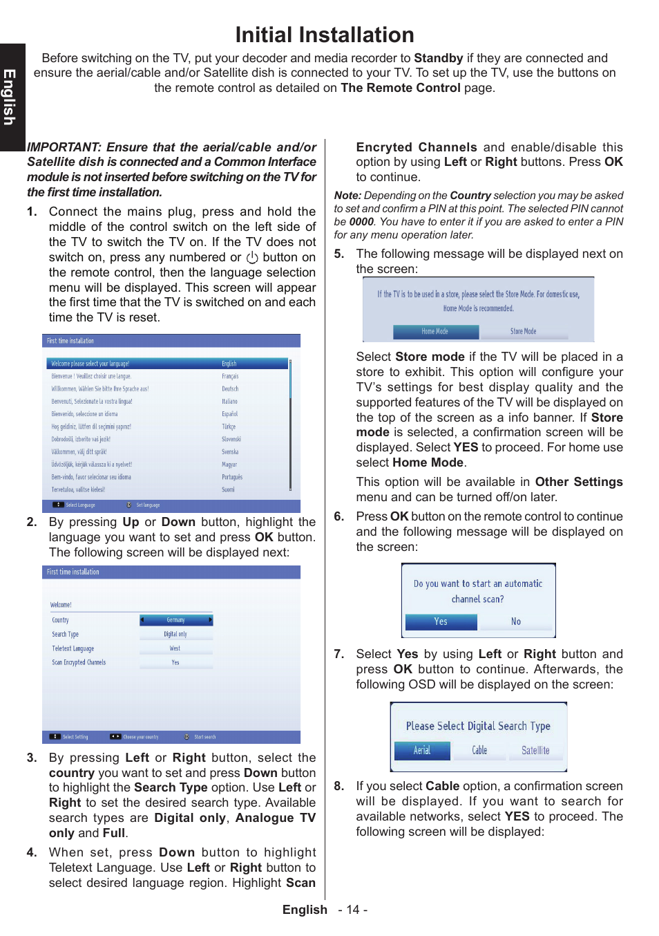 Initial installation, English | Toshiba W1443 User Manual | Page 14 / 48