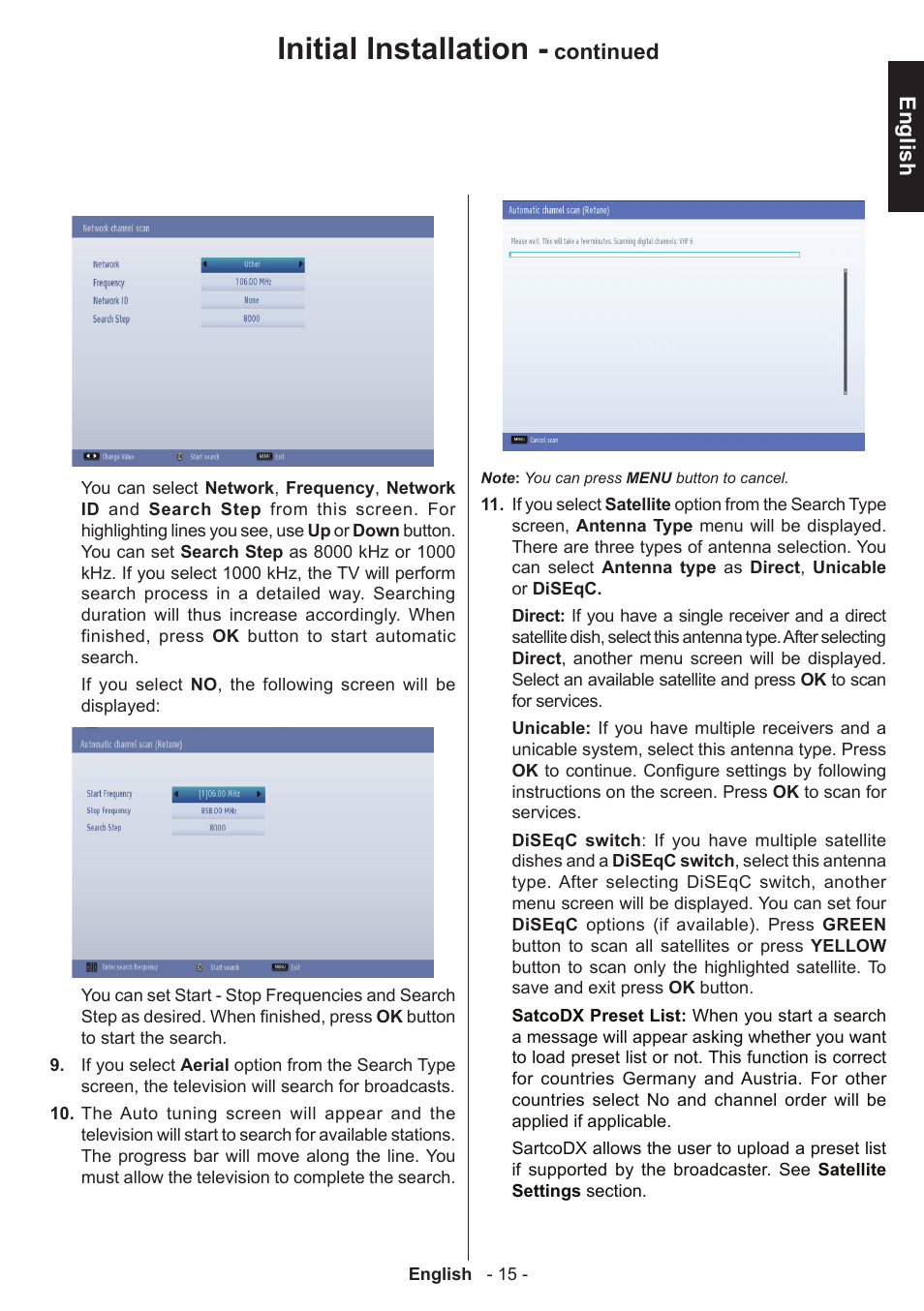Initial installation, English, Continued | Toshiba W1443 User Manual | Page 15 / 48