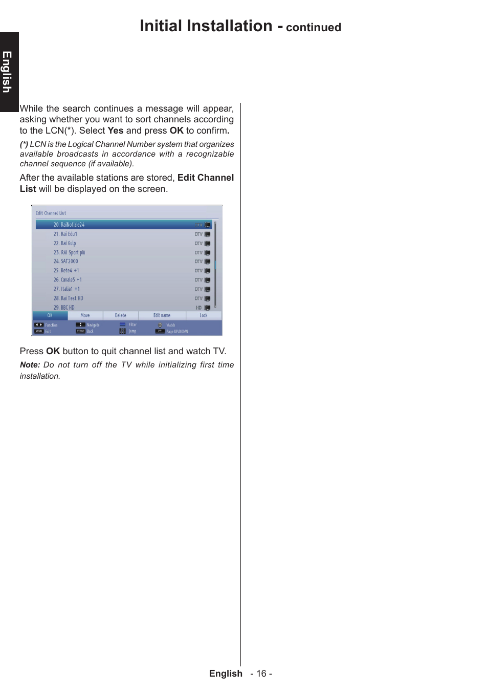 Initial installation, English, Continued | Toshiba W1443 User Manual | Page 16 / 48