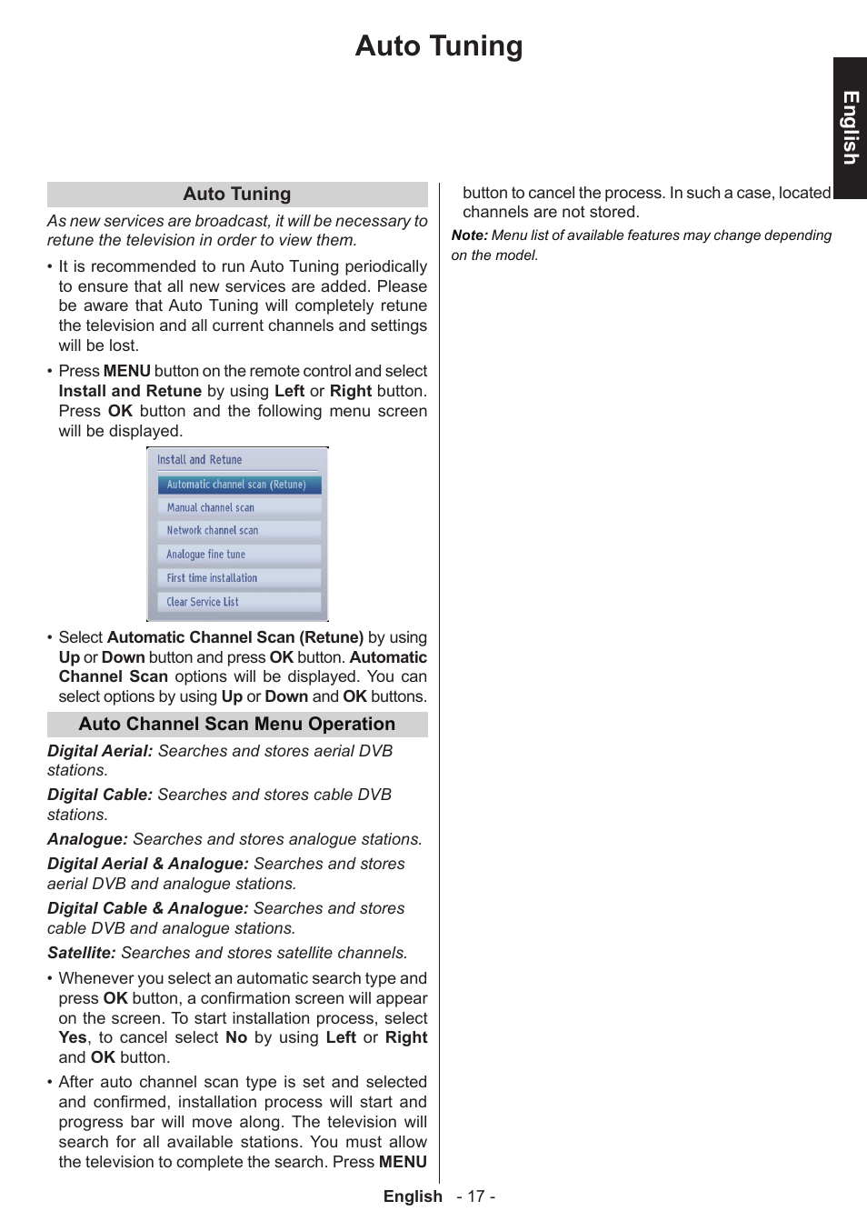 Auto tuning, English | Toshiba W1443 User Manual | Page 17 / 48