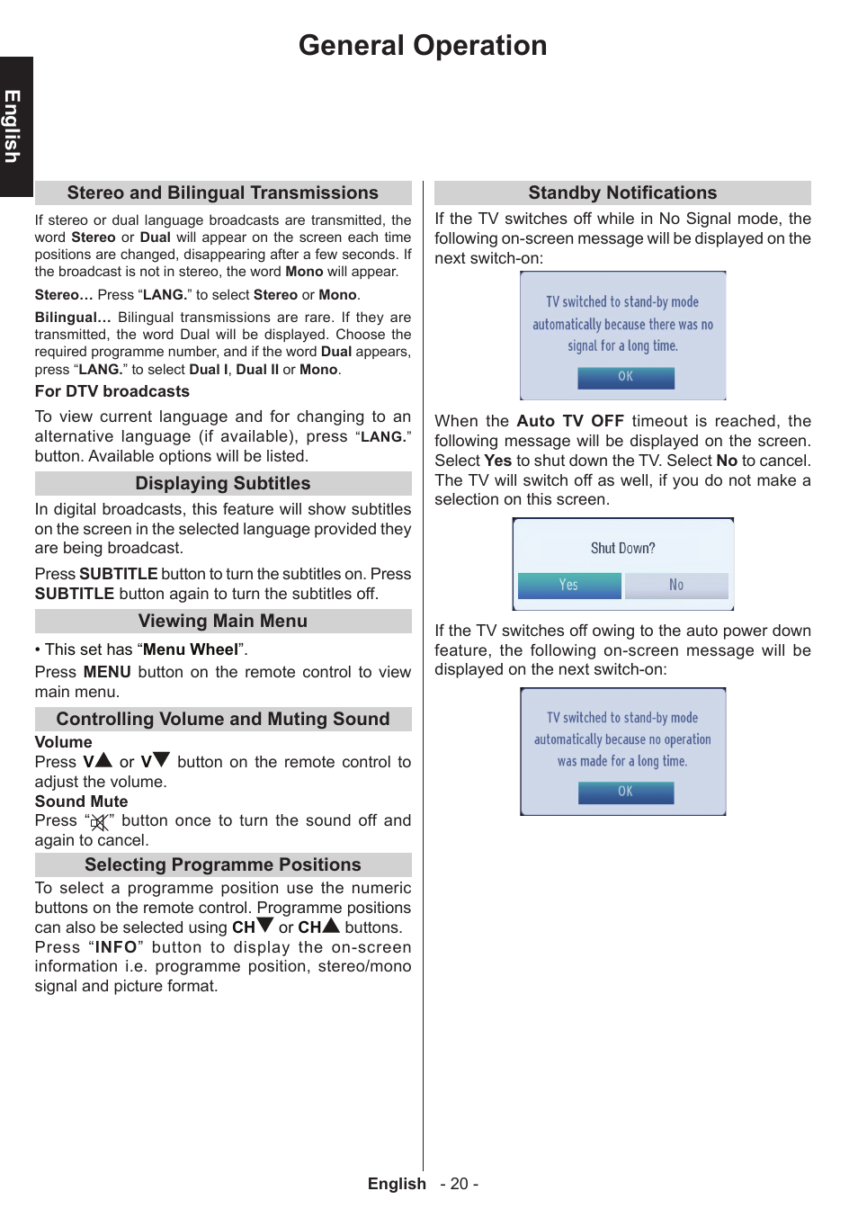 General operation, English | Toshiba W1443 User Manual | Page 20 / 48
