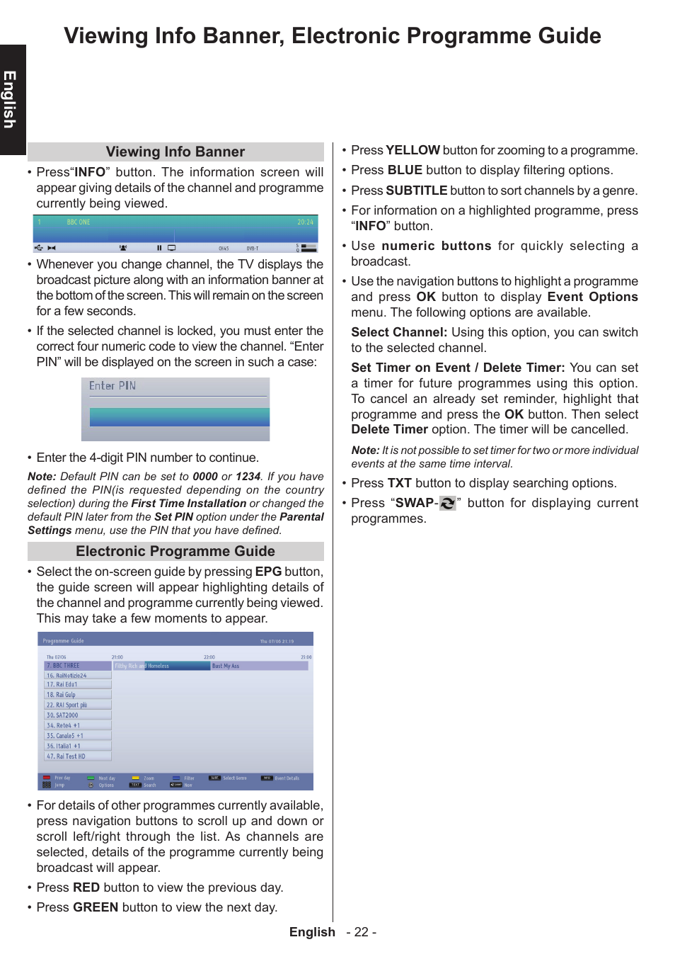 Viewing info banner, electronic programme guide, English | Toshiba W1443 User Manual | Page 22 / 48