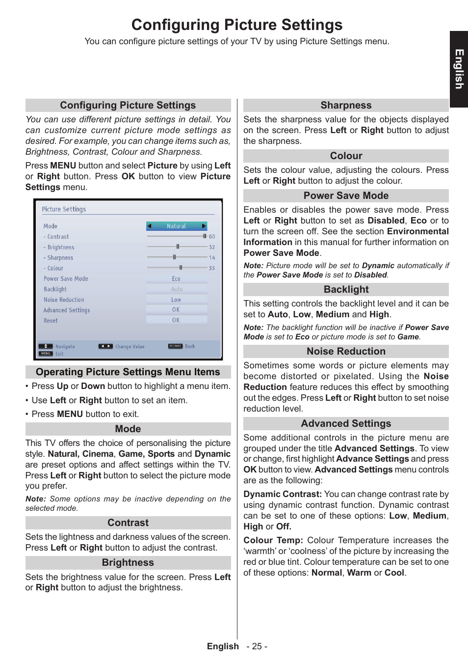 Configuring picture settings, English | Toshiba W1443 User Manual | Page 25 / 48