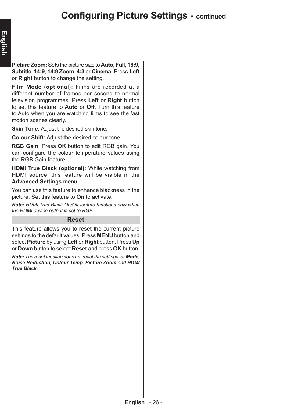Configuring picture settings, English, Continued | Toshiba W1443 User Manual | Page 26 / 48