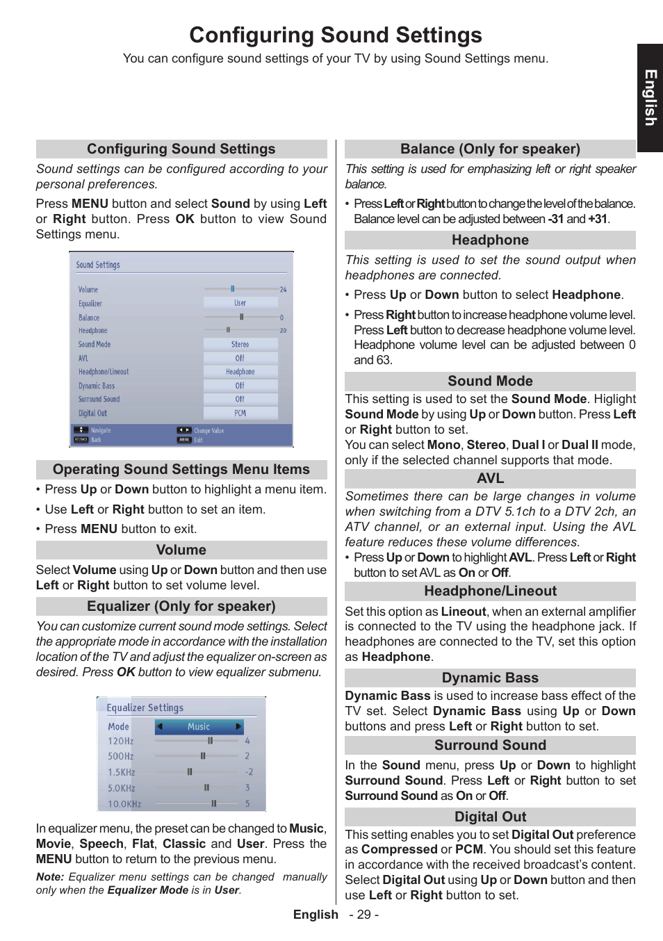 Configuring sound settings, English | Toshiba W1443 User Manual | Page 29 / 48