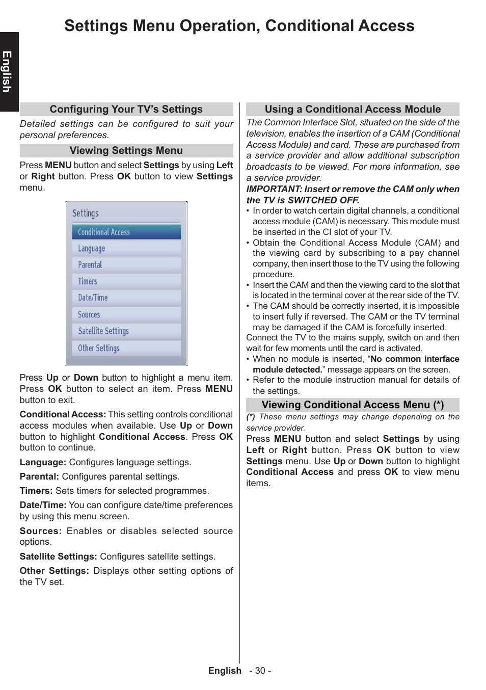 Settings menu operation, conditional access, English | Toshiba W1443 User Manual | Page 30 / 48