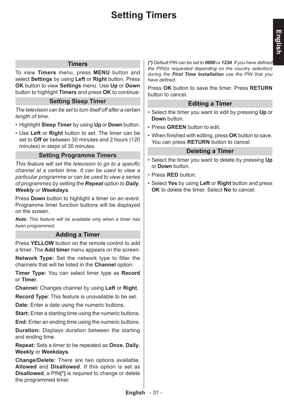Setting timers, English | Toshiba W1443 User Manual | Page 31 / 48