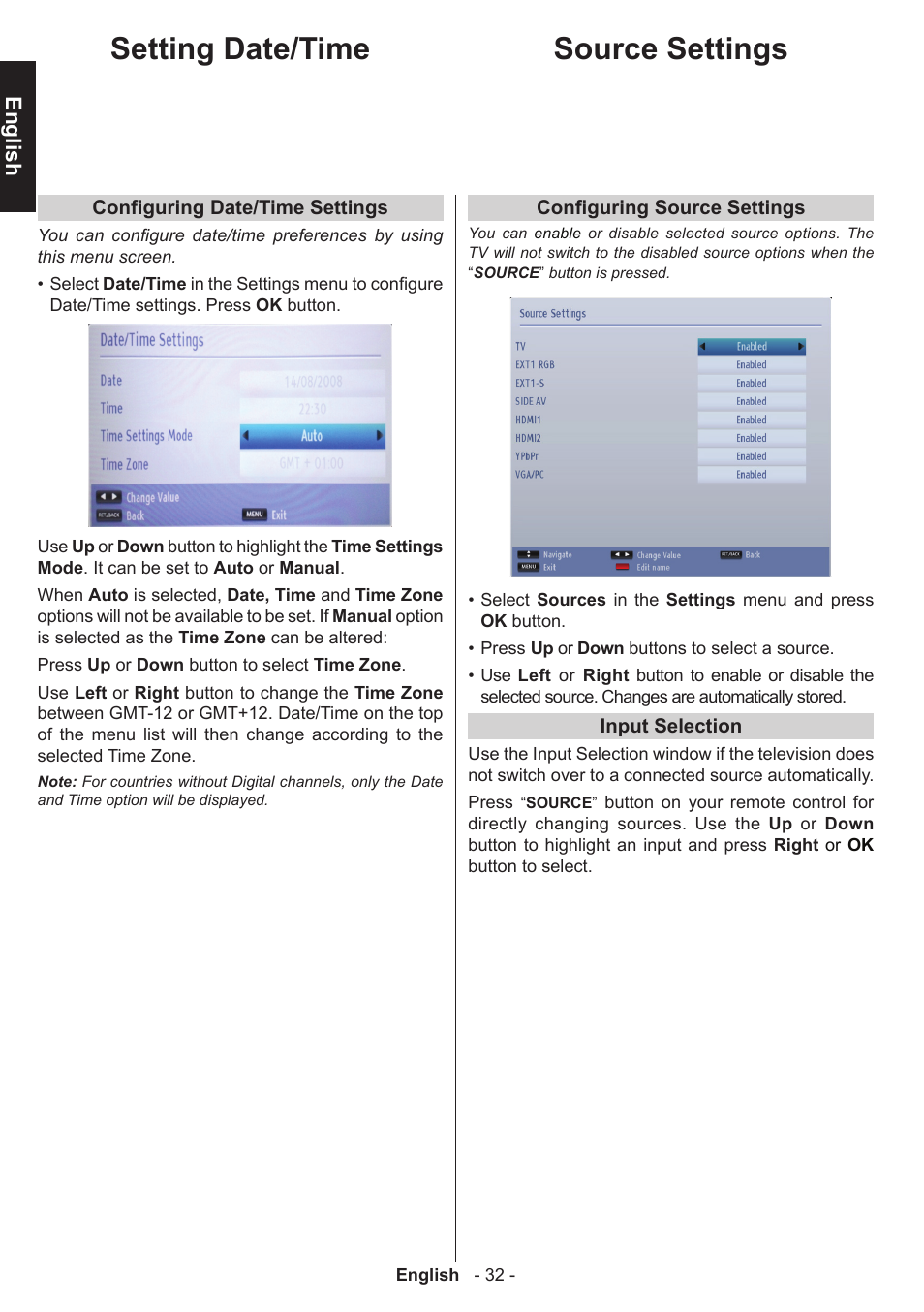 Setting date/time, Source settings, English | Toshiba W1443 User Manual | Page 32 / 48