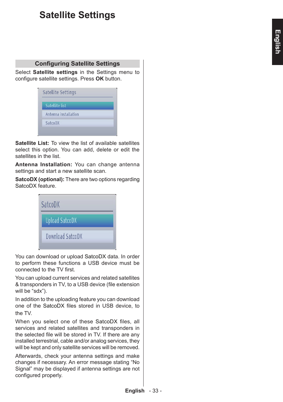 Satellite settings, English | Toshiba W1443 User Manual | Page 33 / 48