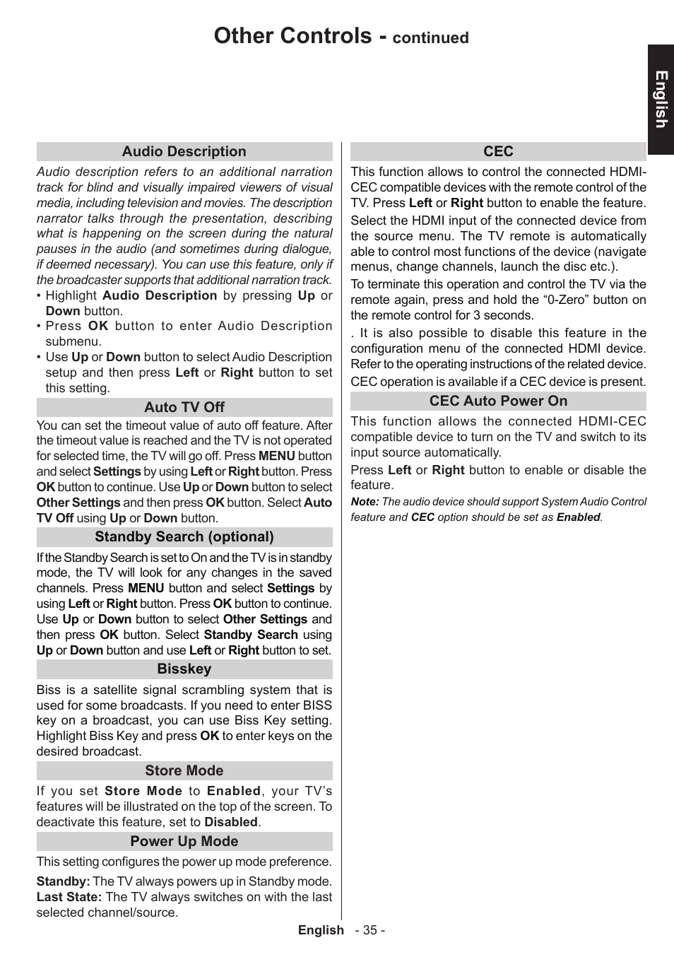 Other controls, English, Continued | Toshiba W1443 User Manual | Page 35 / 48