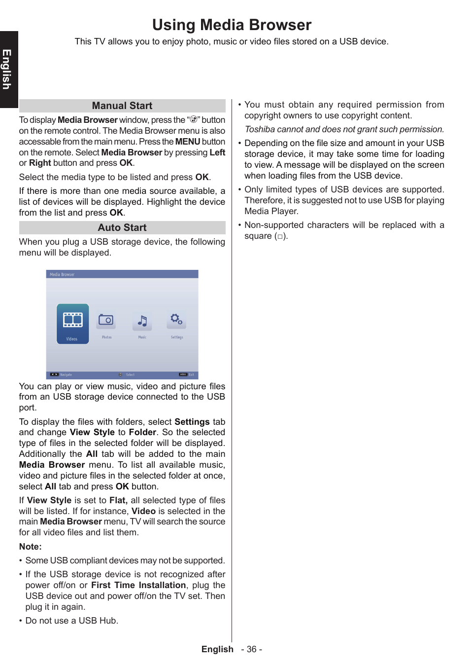 Using media browser, English | Toshiba W1443 User Manual | Page 36 / 48