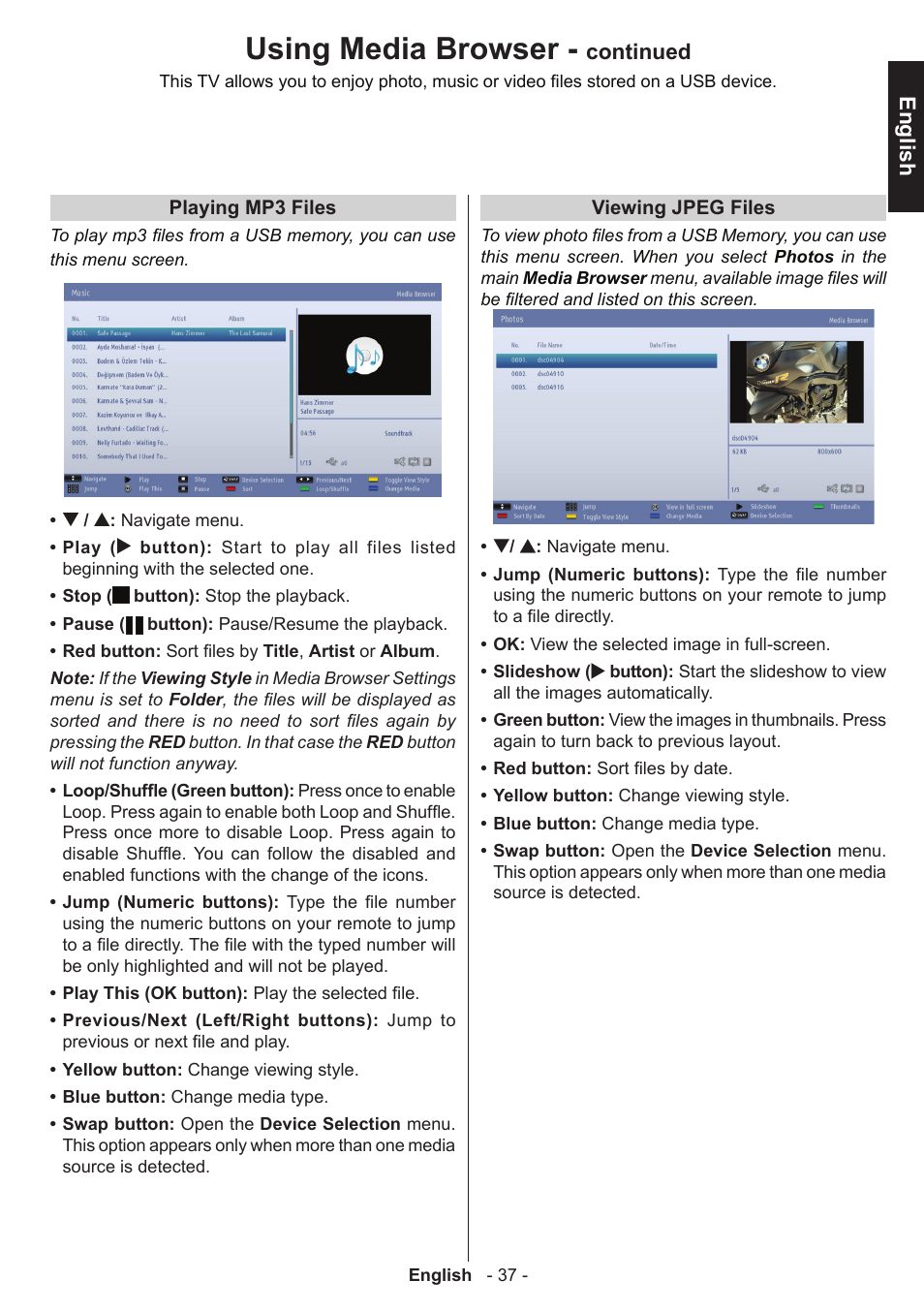 Using media browser, English, Continued | Toshiba W1443 User Manual | Page 37 / 48