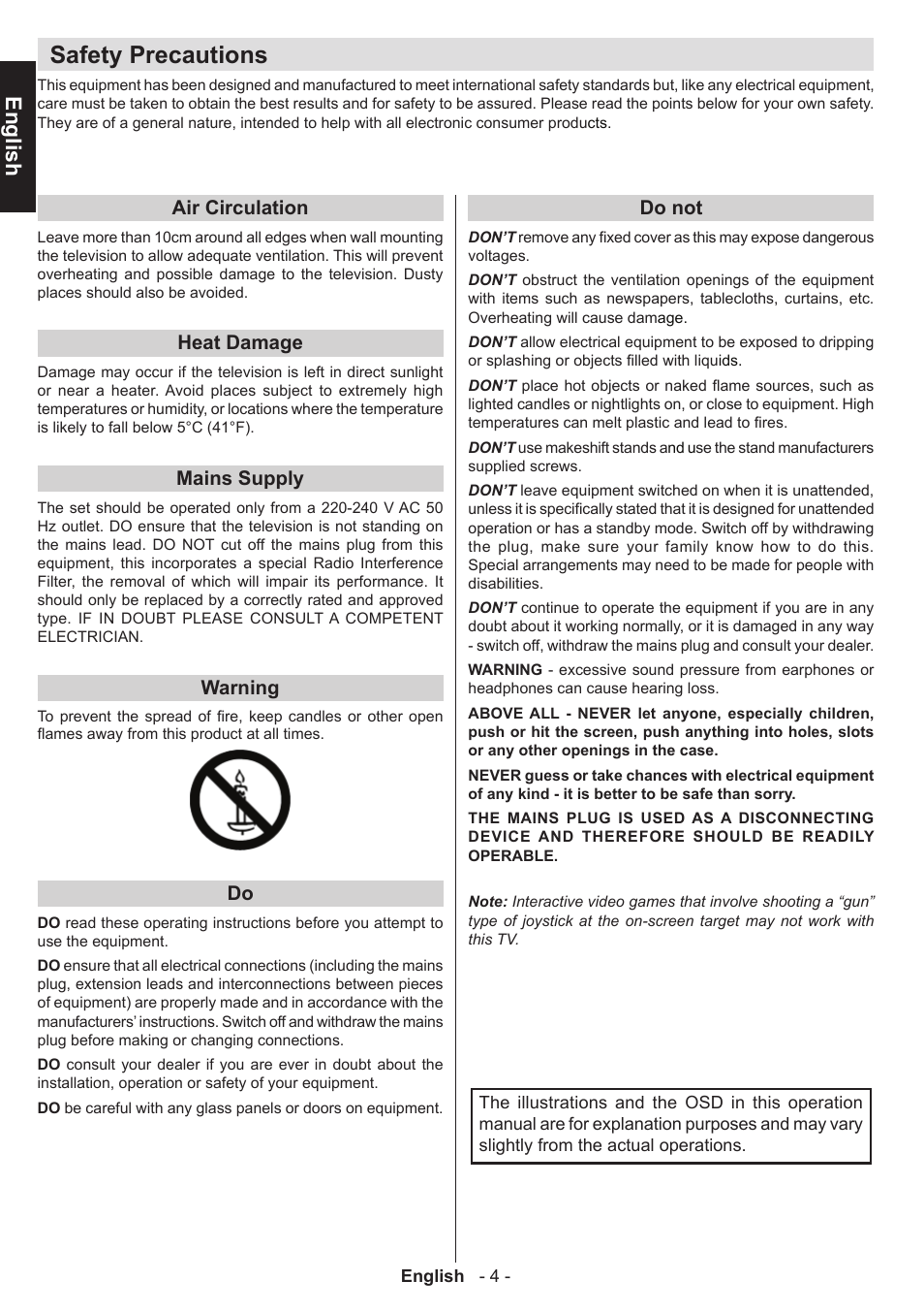 Safety precautions, English, Air circulation | Heat damage, Mains supply, Warning, Do not | Toshiba W1443 User Manual | Page 4 / 48