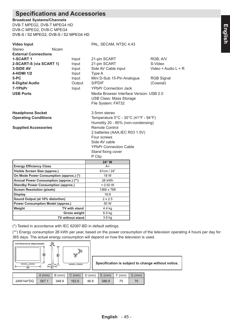 Specifications and accessories, English | Toshiba W1443 User Manual | Page 45 / 48