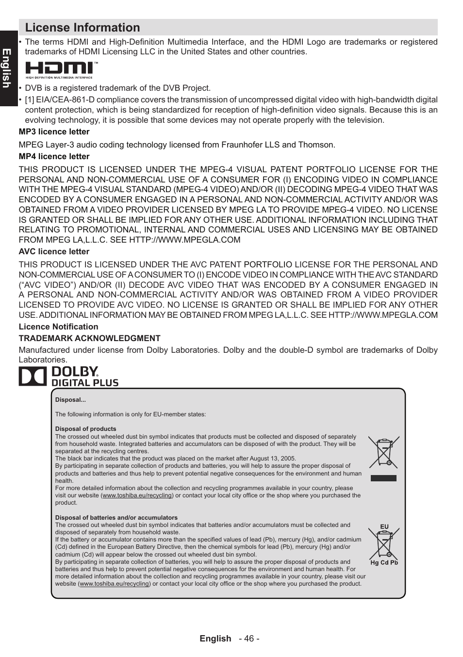 License information, English | Toshiba W1443 User Manual | Page 46 / 48