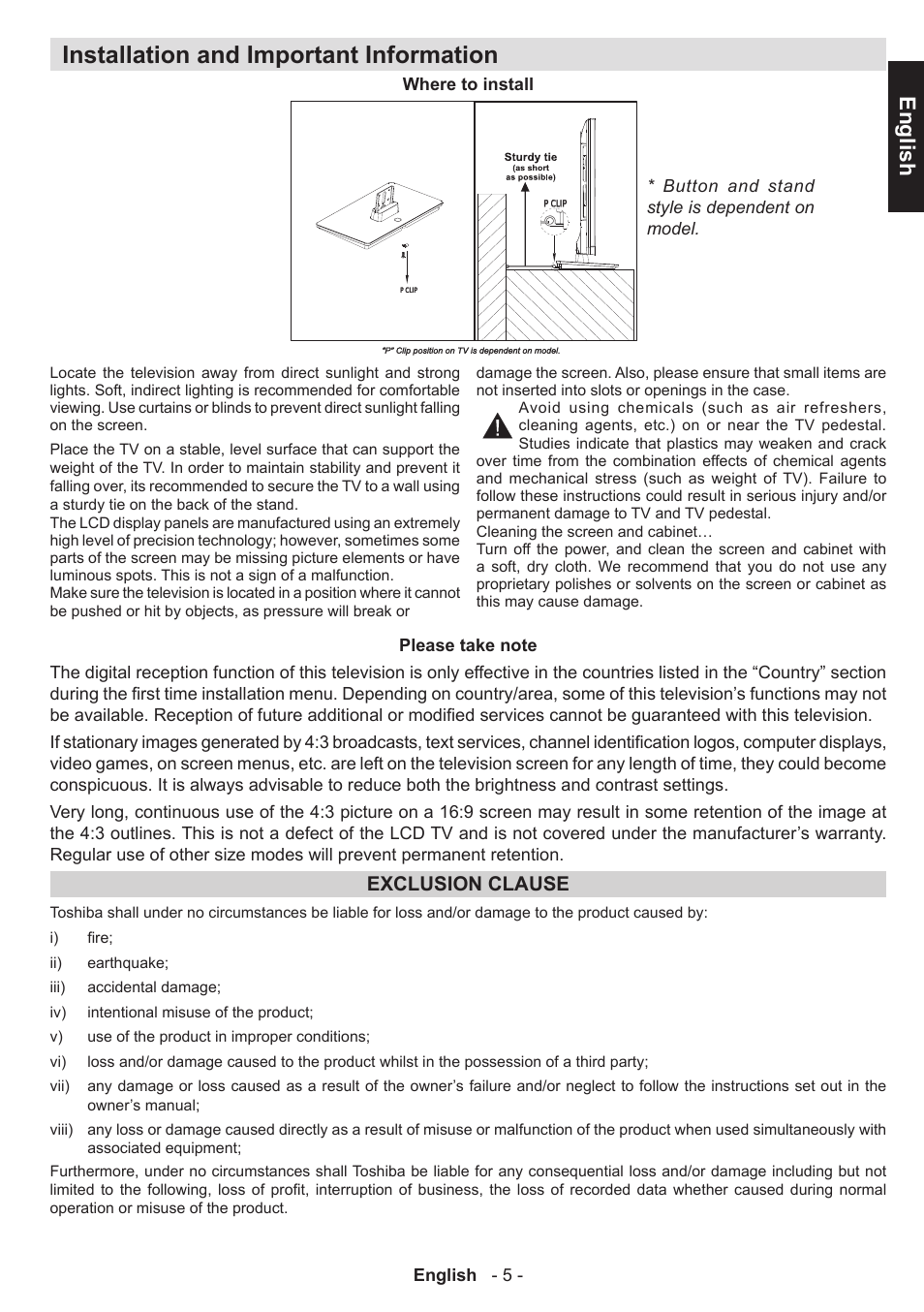 Installation and important information, English, Exclusion clause | Toshiba W1443 User Manual | Page 5 / 48