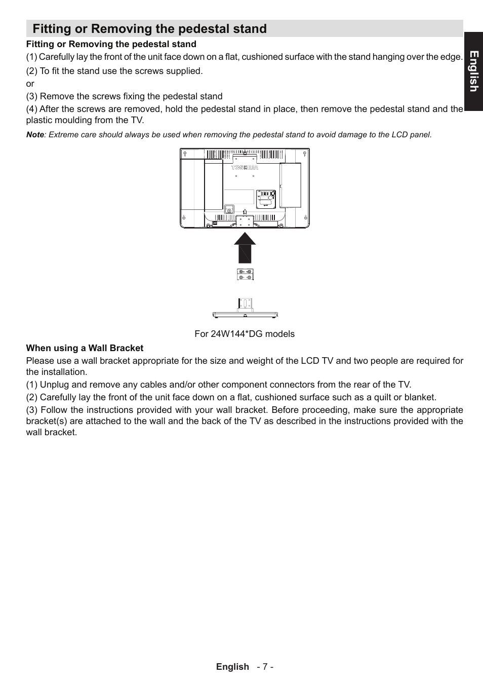 Fitting or removing the pedestal stand, English | Toshiba W1443 User Manual | Page 7 / 48