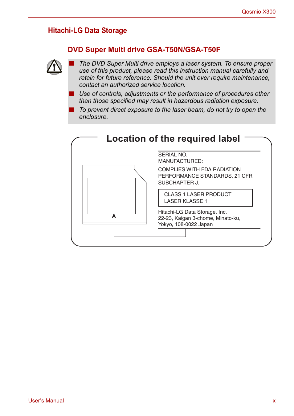 Location of the required label, Hitachi-lg data storage | Toshiba Qosmio X300 User Manual | Page 10 / 220