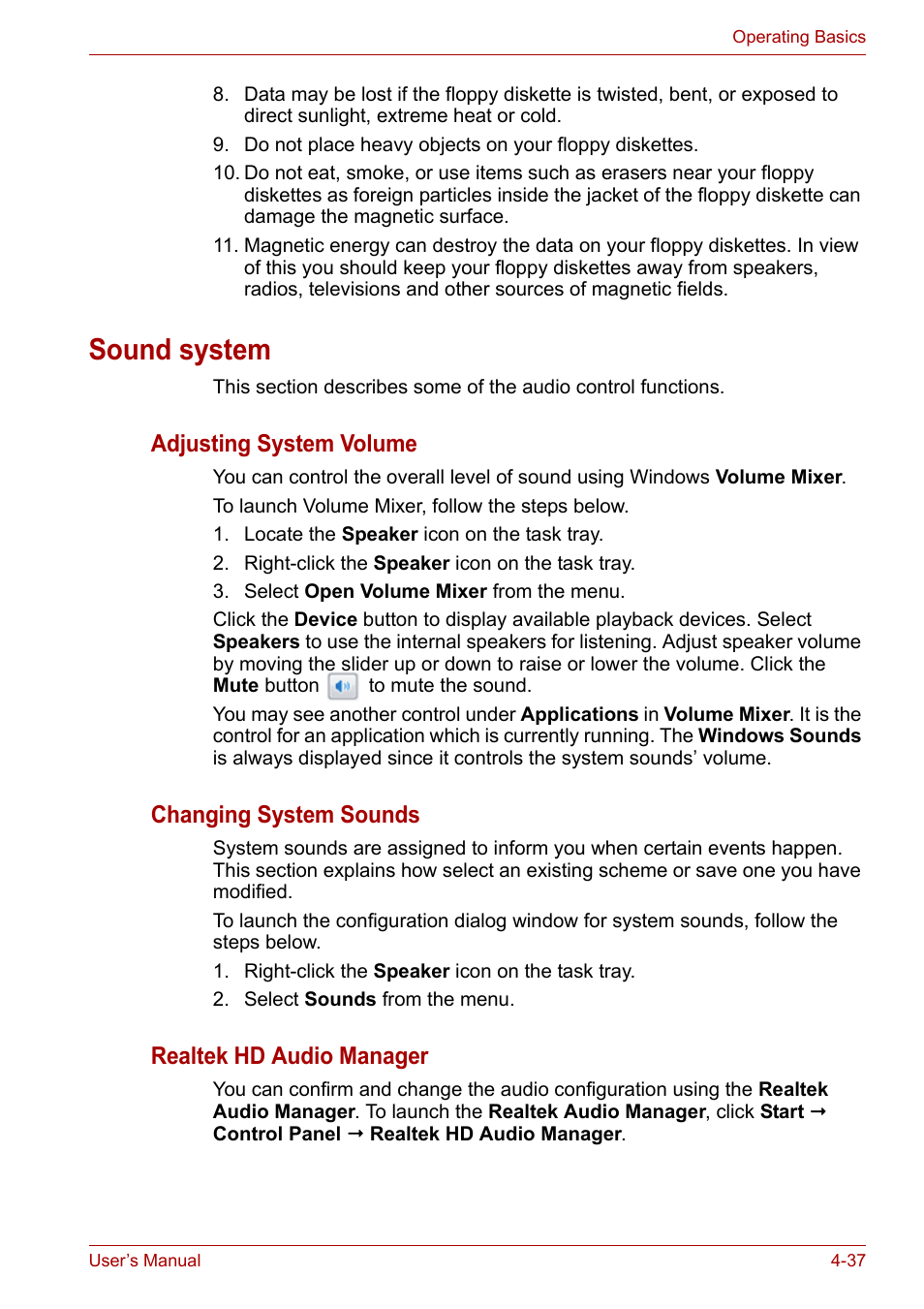 Sound system, Sound system -37, Adjusting system volume | Changing system sounds, Realtek hd audio manager | Toshiba Qosmio X300 User Manual | Page 102 / 220