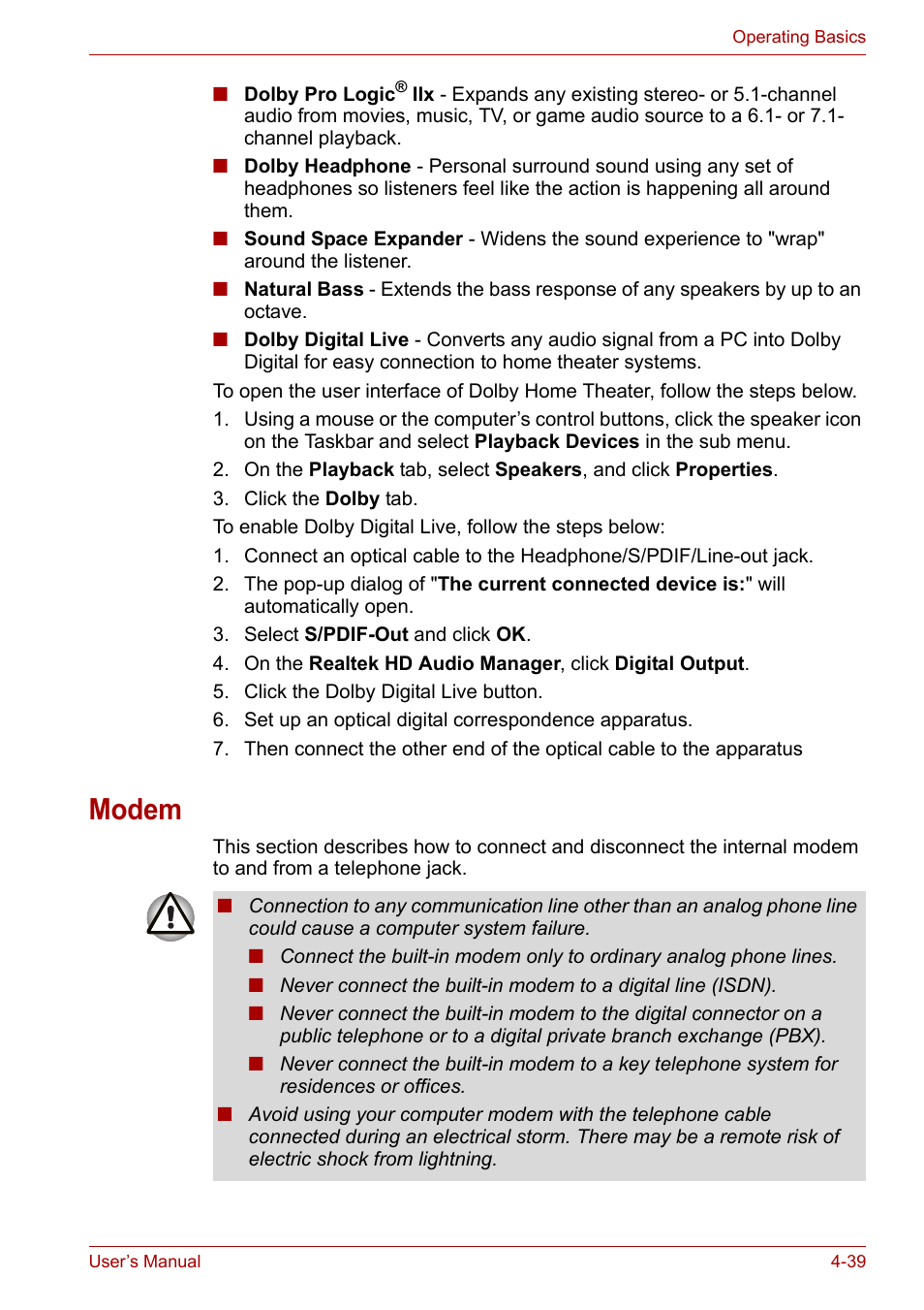 Modem, Modem -39 | Toshiba Qosmio X300 User Manual | Page 104 / 220