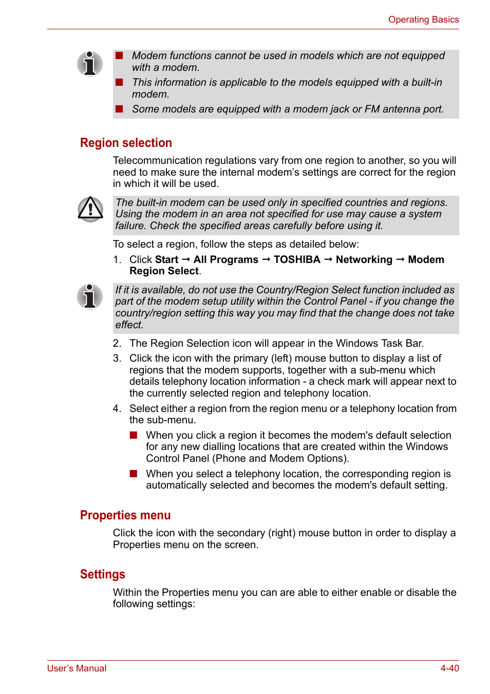 Region selection, Properties menu, Settings | Toshiba Qosmio X300 User Manual | Page 105 / 220