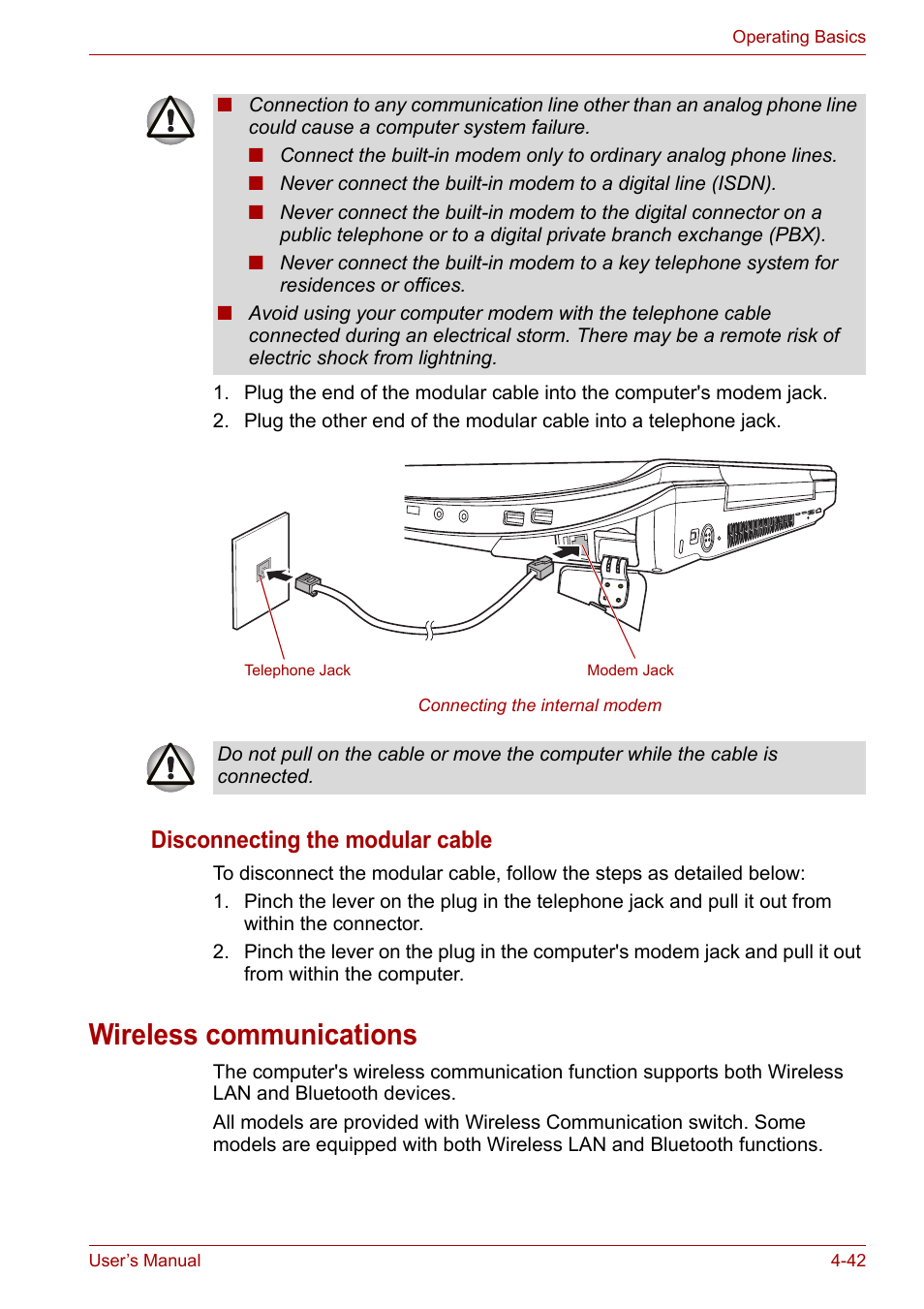 Wireless communications, Wireless communications -42, Disconnecting the modular cable | Toshiba Qosmio X300 User Manual | Page 107 / 220