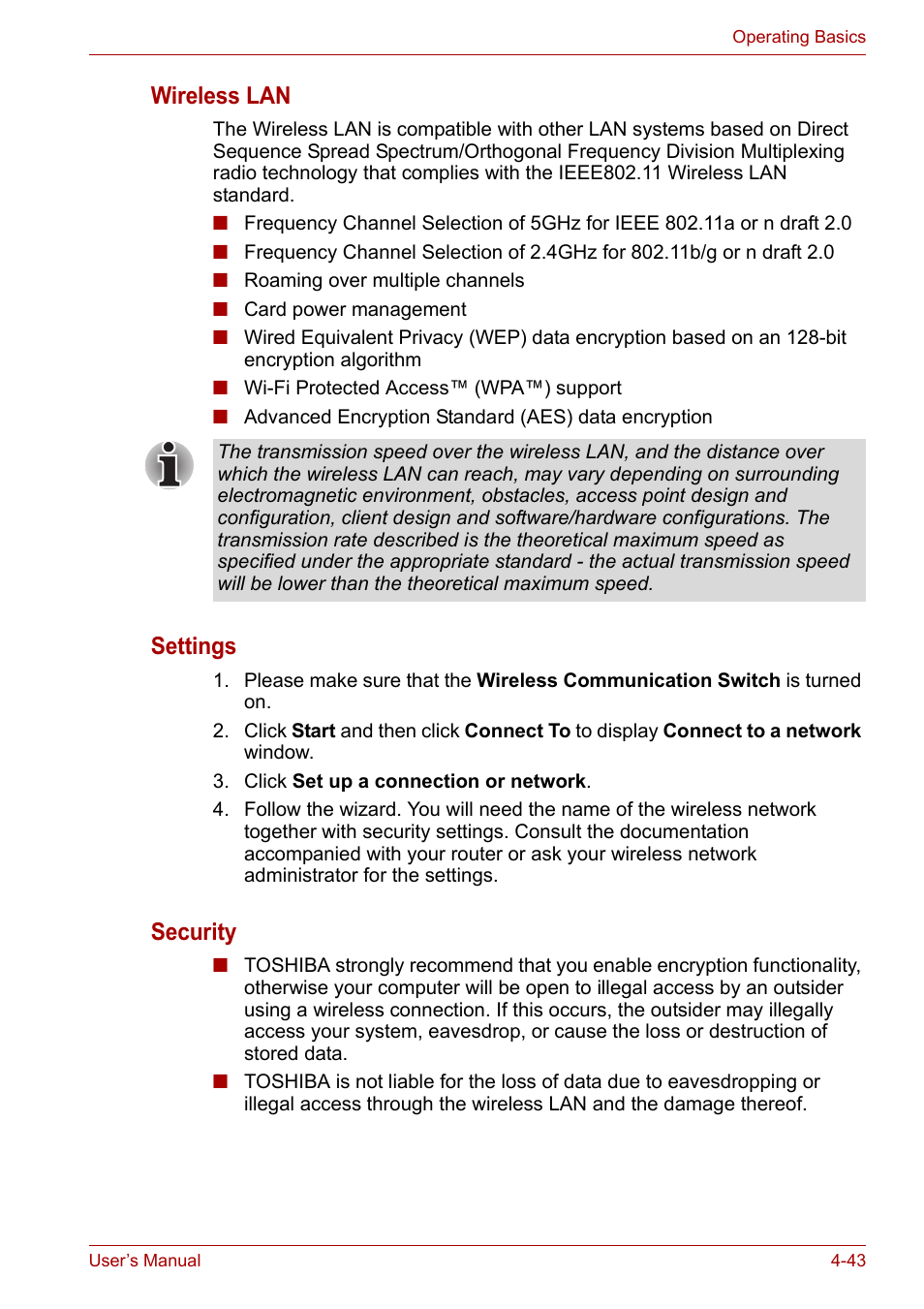Wireless lan, Settings, Security | Toshiba Qosmio X300 User Manual | Page 108 / 220