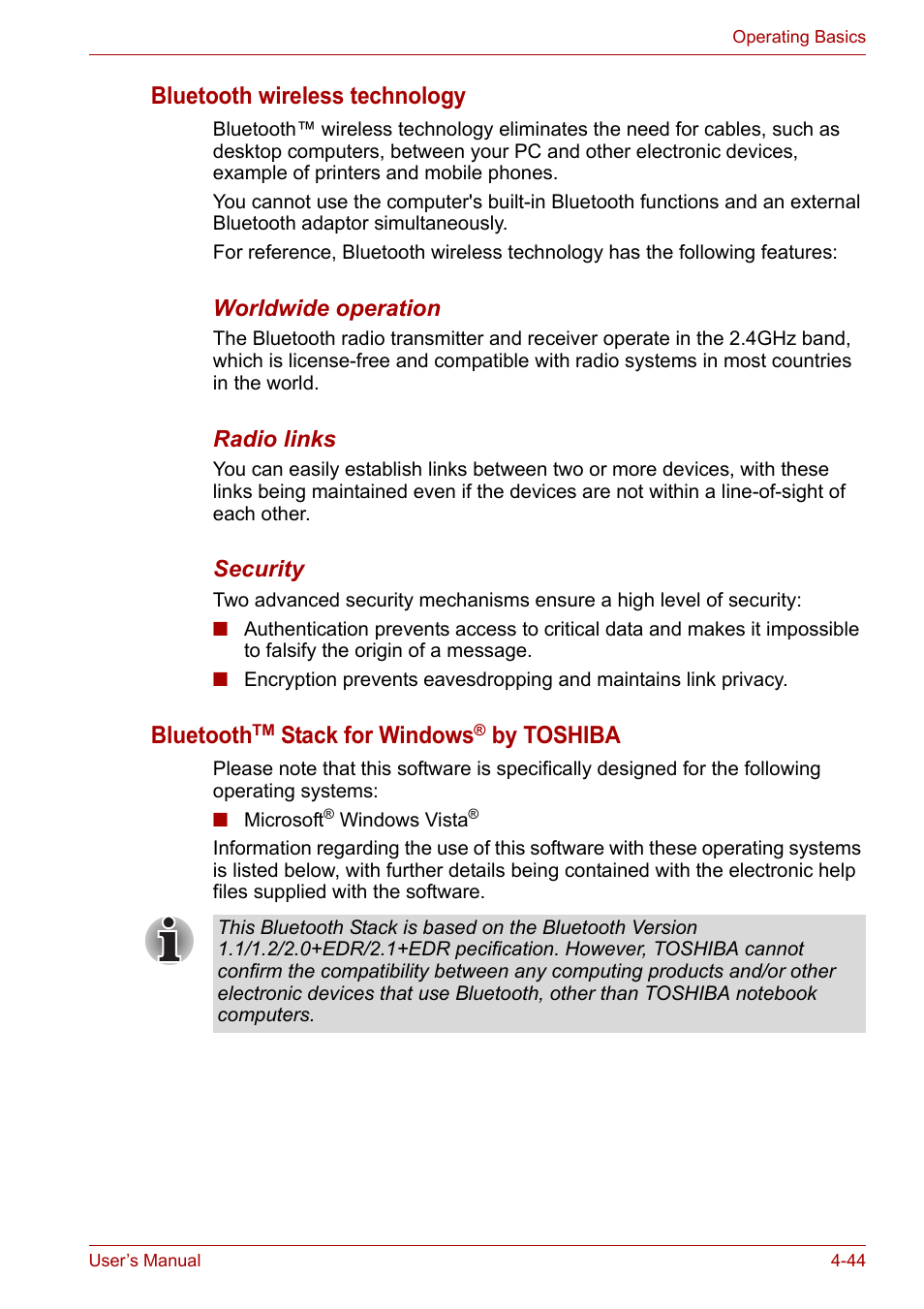 Bluetooth wireless technology, Bluetooth, Stack for windows | By toshiba | Toshiba Qosmio X300 User Manual | Page 109 / 220