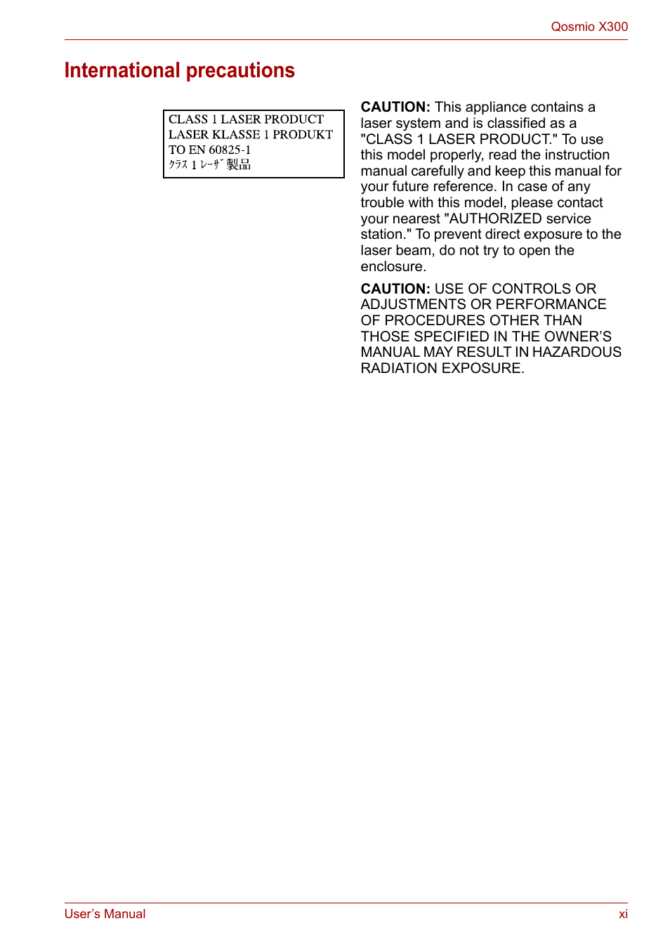 International precautions | Toshiba Qosmio X300 User Manual | Page 11 / 220