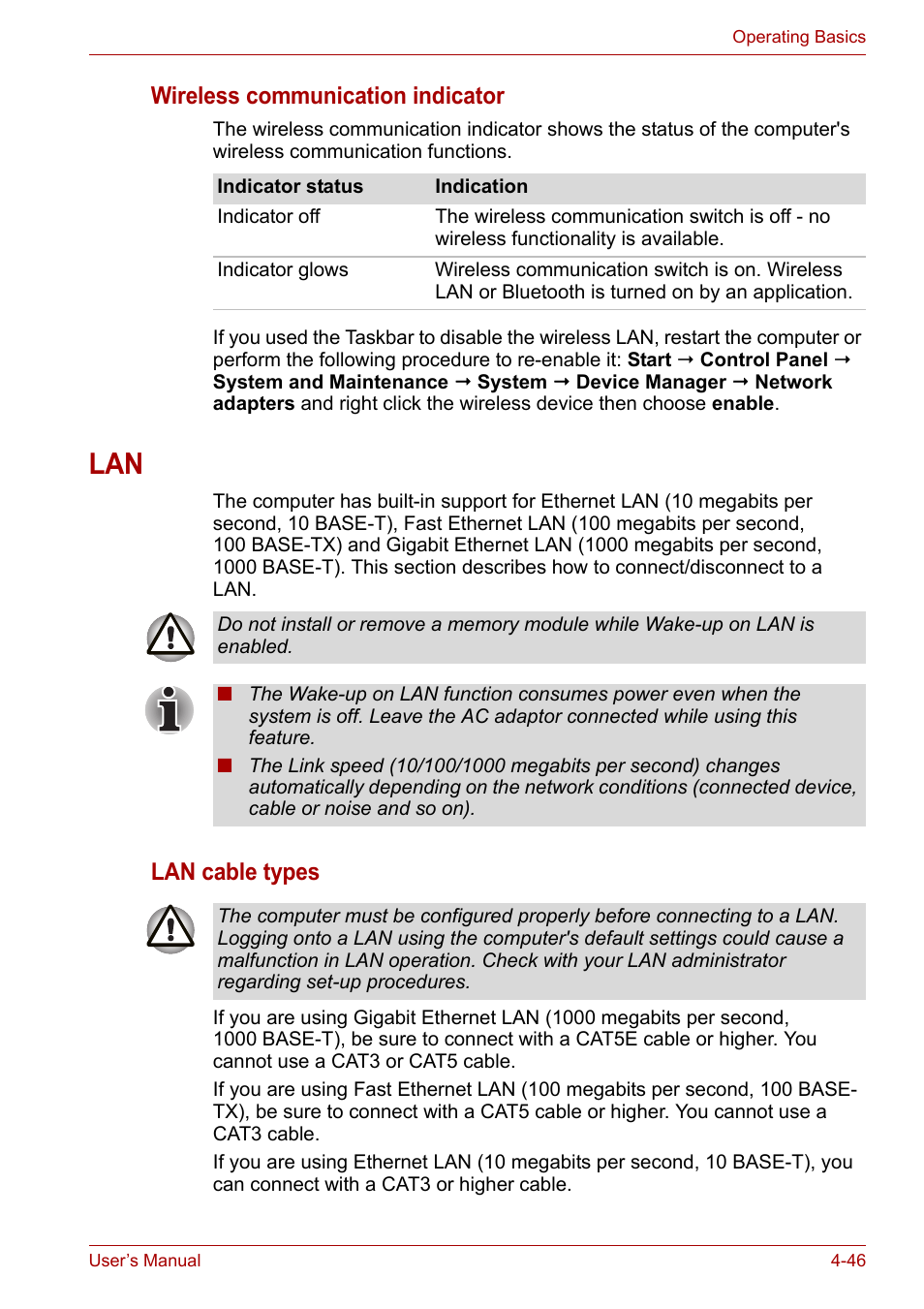 Lan -46, Wireless communication indicator, Lan cable types | Toshiba Qosmio X300 User Manual | Page 111 / 220