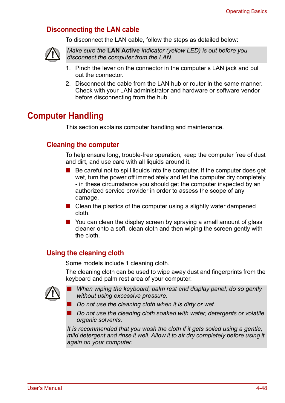 Computer handling, Computer handling -48, Disconnecting the lan cable | Cleaning the computer, Using the cleaning cloth | Toshiba Qosmio X300 User Manual | Page 113 / 220