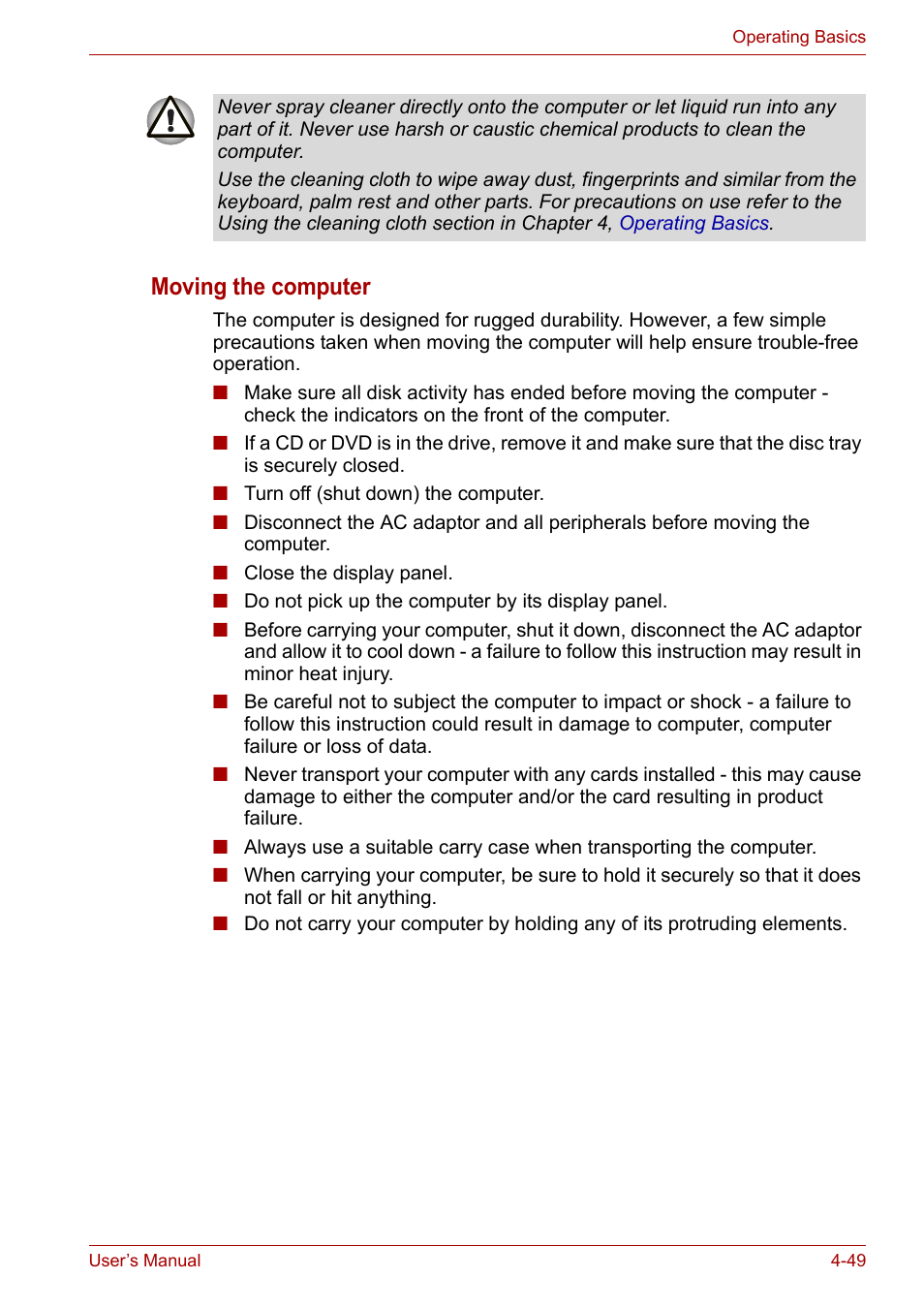 Moving the computer | Toshiba Qosmio X300 User Manual | Page 114 / 220