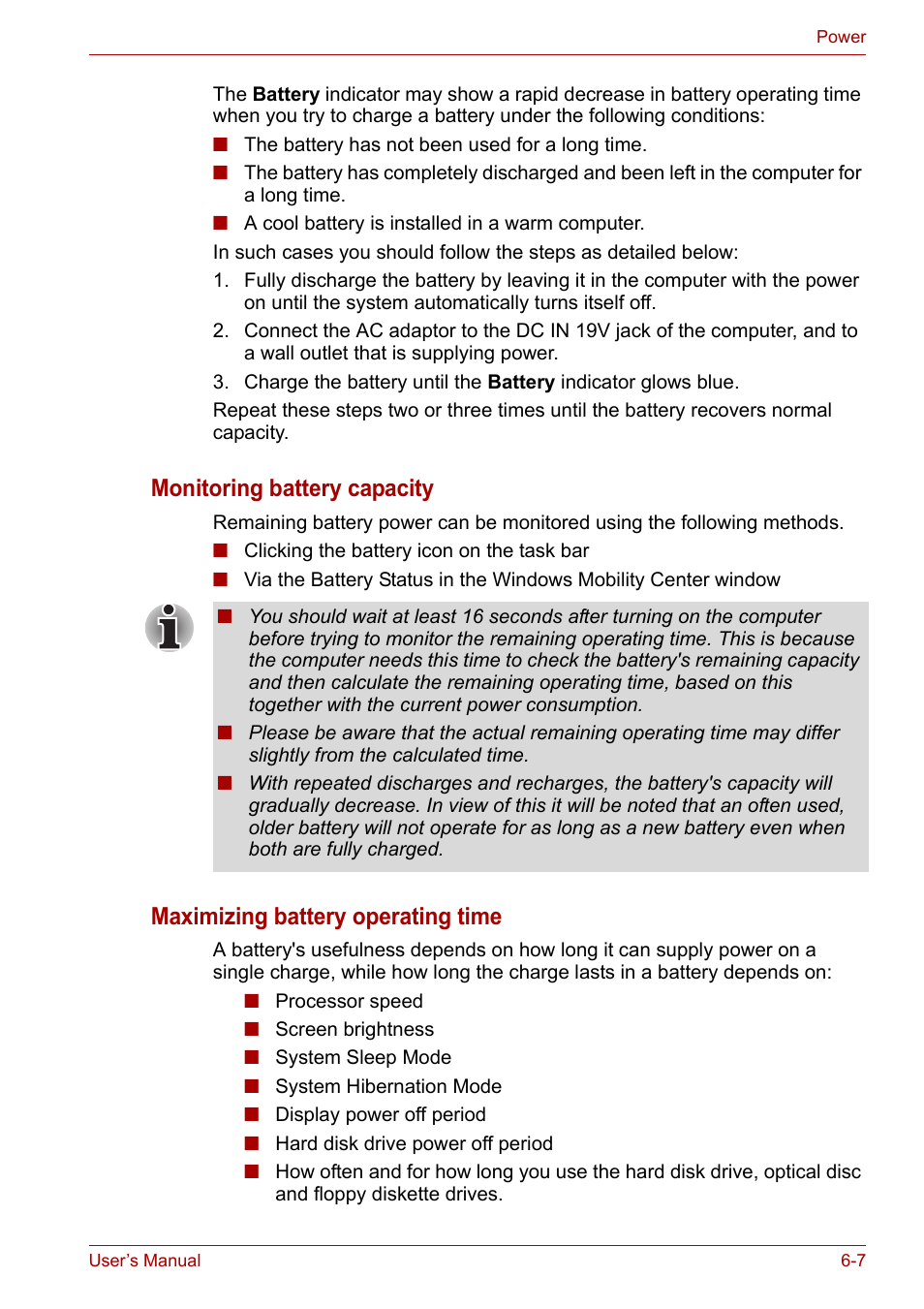 Monitoring battery capacity, Maximizing battery operating time | Toshiba Qosmio X300 User Manual | Page 126 / 220