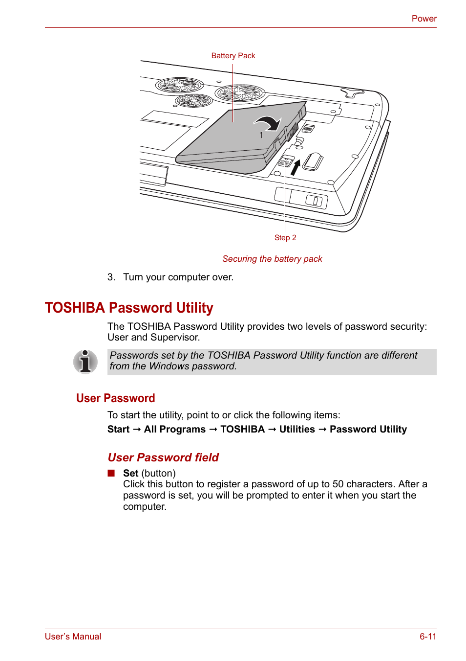 Toshiba password utility, Toshiba password utility -11, User password | Toshiba Qosmio X300 User Manual | Page 130 / 220