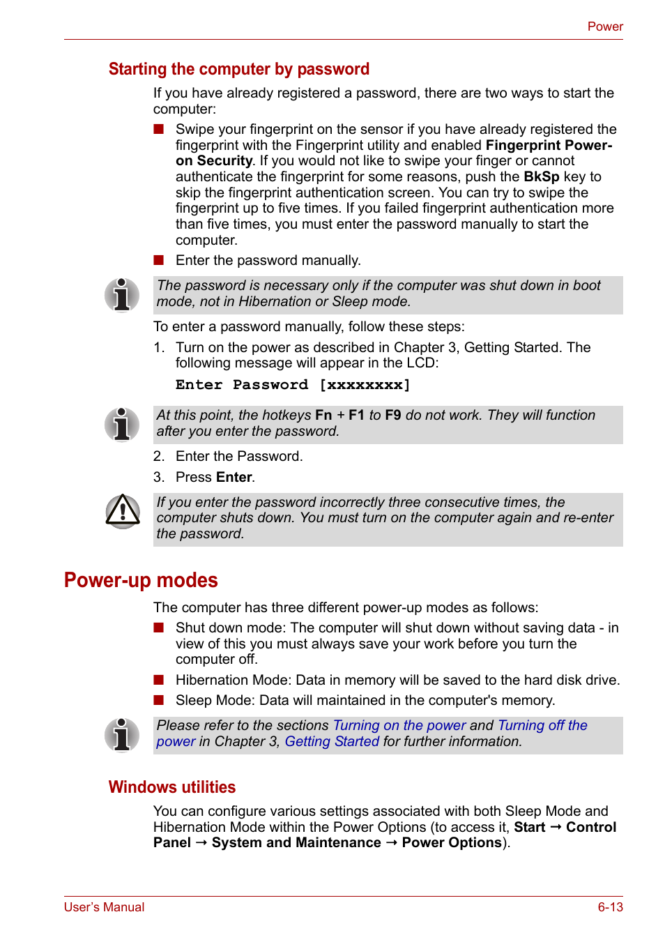 Power-up modes, Power-up modes -13, Starting the computer by password | Windows utilities | Toshiba Qosmio X300 User Manual | Page 132 / 220