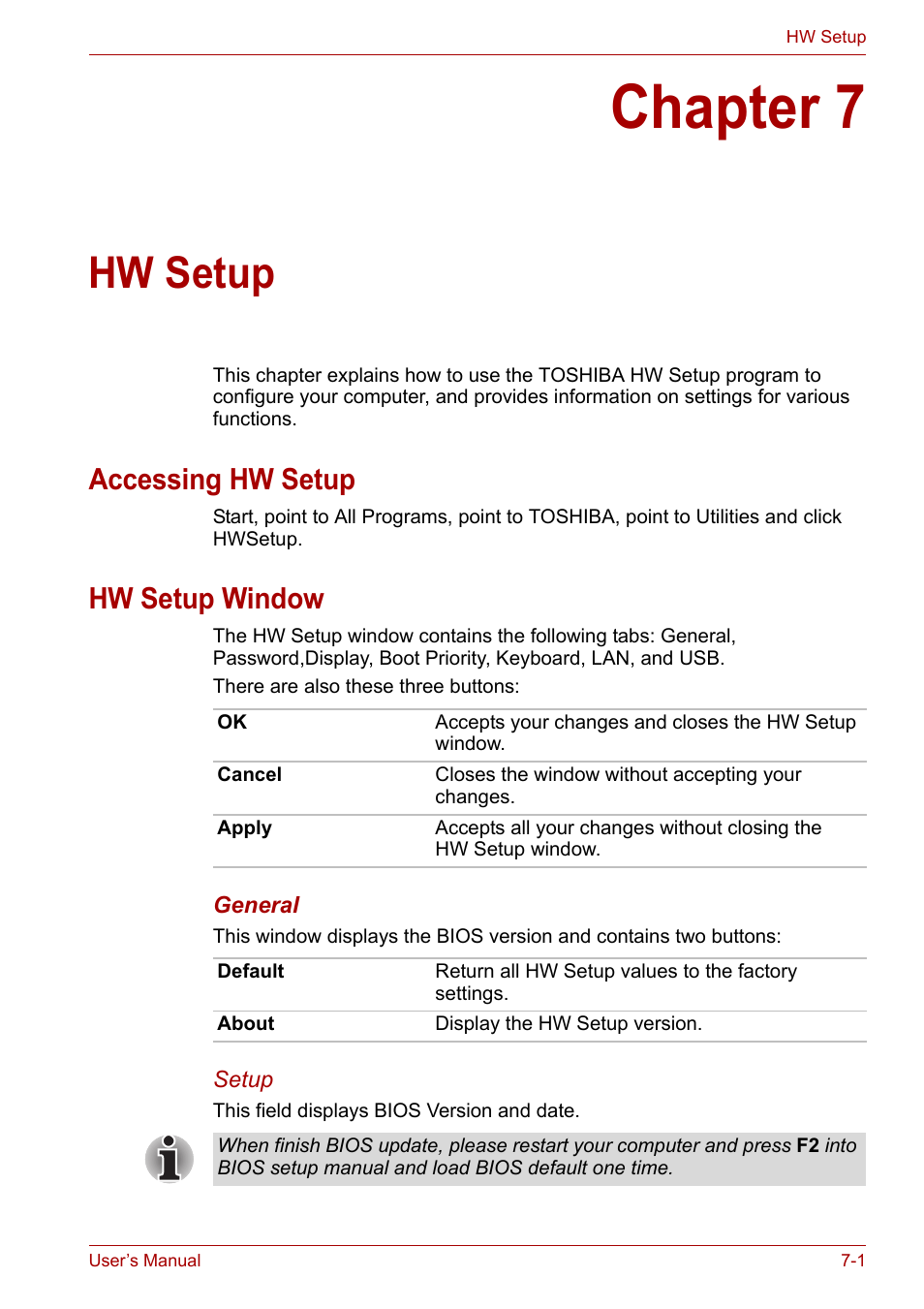 Chapter 7: hw setup, Accessing hw setup, Hw setup window | Chapter 7, Hw setup, Accessing hw setup -1 hw setup window -1, Expl | Toshiba Qosmio X300 User Manual | Page 134 / 220