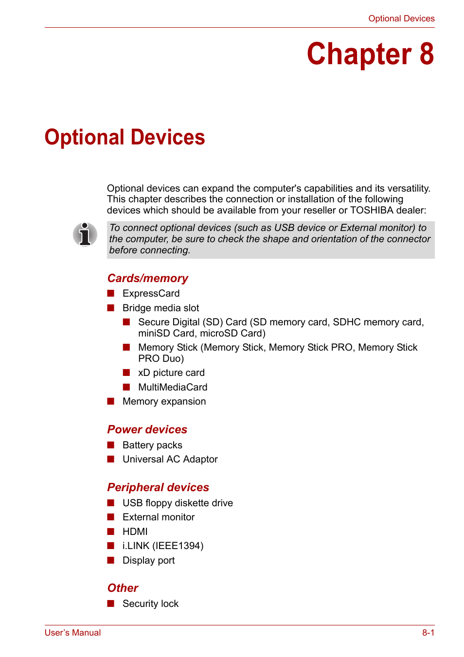 Chapter 8: optional devices, Chapter 8, Optional devices | Apter 8 | Toshiba Qosmio X300 User Manual | Page 139 / 220