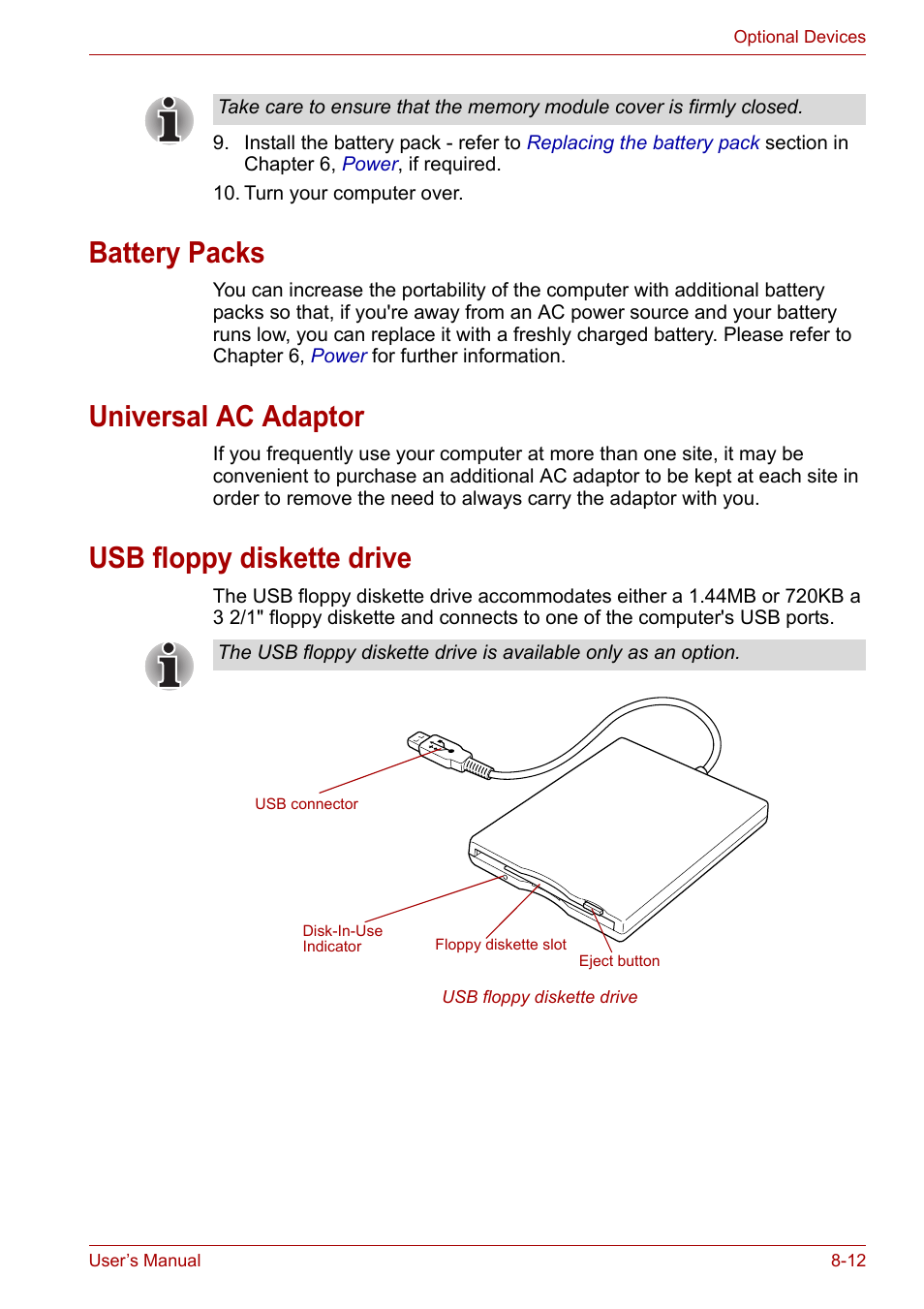 Battery packs, Universal ac adaptor, Usb floppy diskette drive | Toshiba Qosmio X300 User Manual | Page 150 / 220