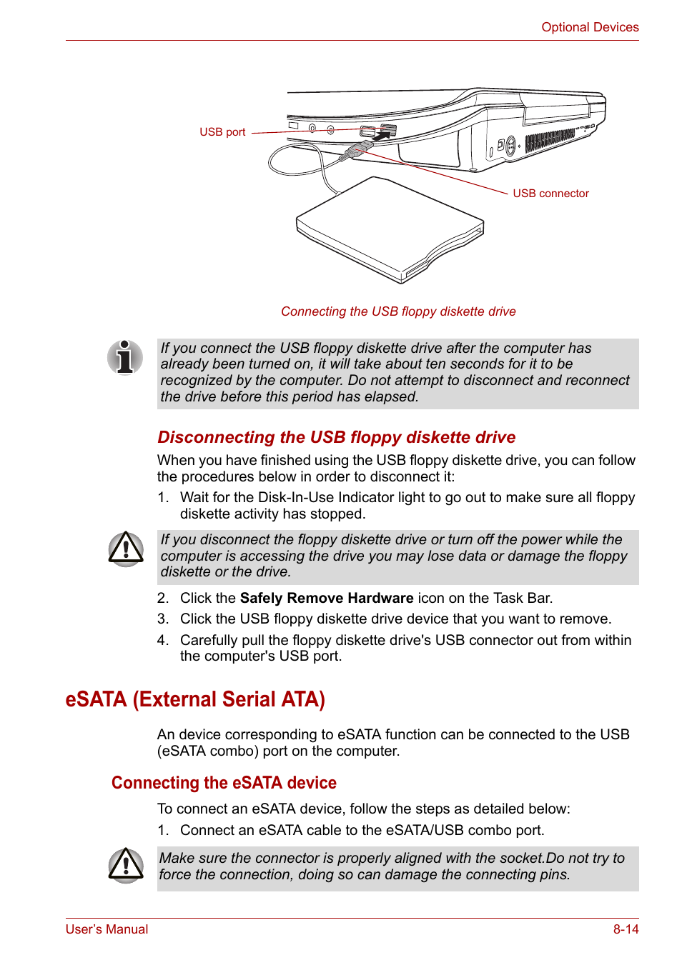 Esata (external serial ata), Esata (external serial ata) -14, Connecting the esata device | Toshiba Qosmio X300 User Manual | Page 152 / 220