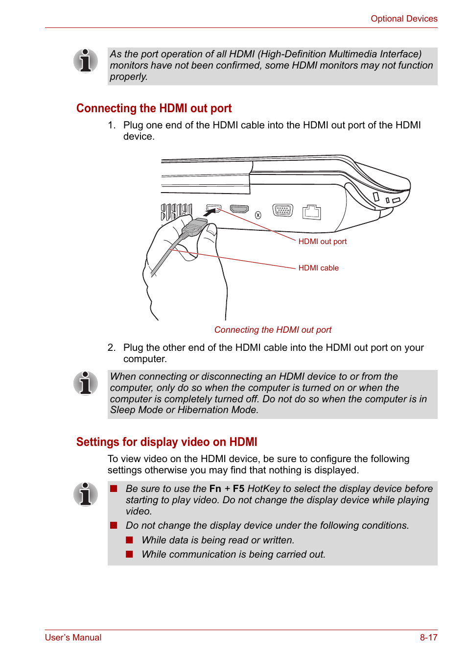 Connecting the hdmi out port, Settings for display video on hdmi | Toshiba Qosmio X300 User Manual | Page 155 / 220