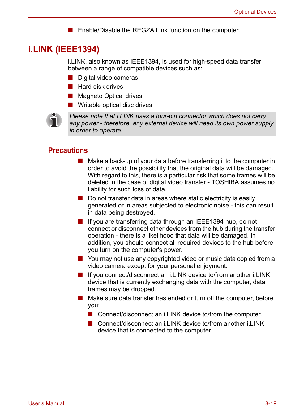 I.link (ieee1394), I.link (ieee1394) -19, Precautions | Toshiba Qosmio X300 User Manual | Page 157 / 220