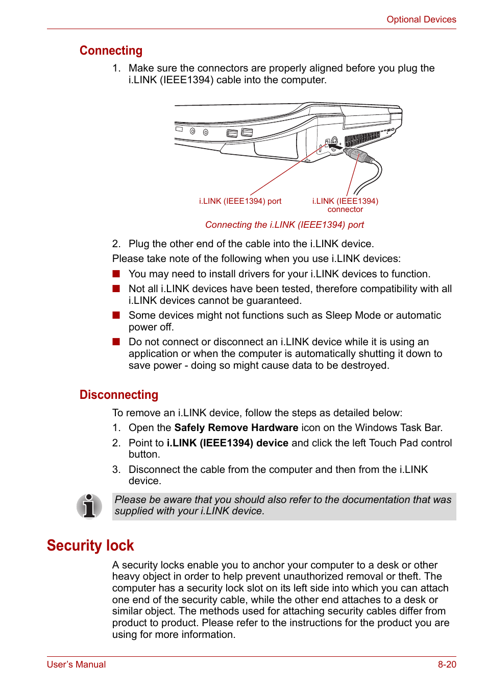 Security lock, Security lock -20, Connecting | Disconnecting | Toshiba Qosmio X300 User Manual | Page 158 / 220