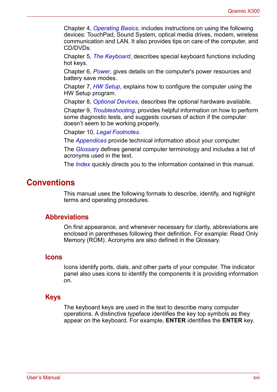 Conventions, Abbreviations, Icons | Keys | Toshiba Qosmio X300 User Manual | Page 16 / 220