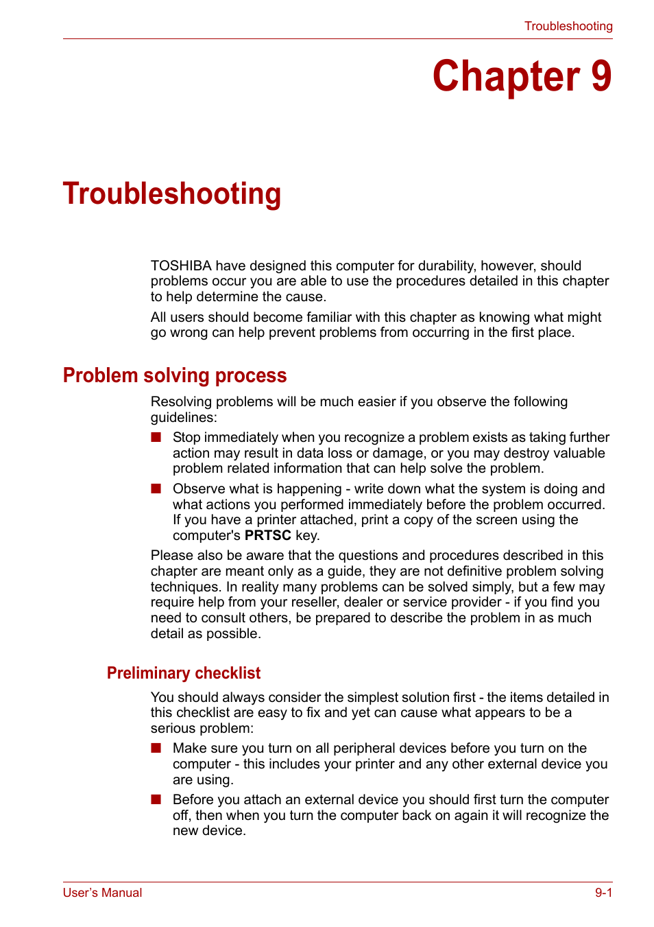 Chapter 9: troubleshooting, Problem solving process, Chapter 9 | Troubleshooting, Problem solving process -1 | Toshiba Qosmio X300 User Manual | Page 160 / 220